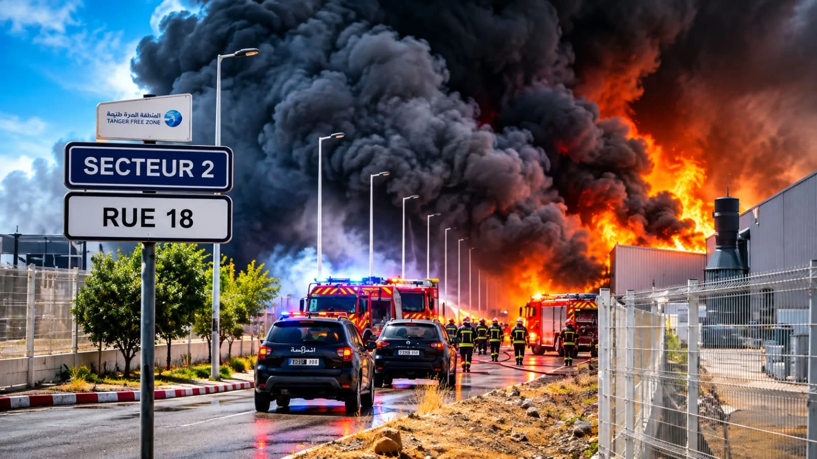 حريق ضخم يهز المنطقة الصناعية الحرة بالشرافات