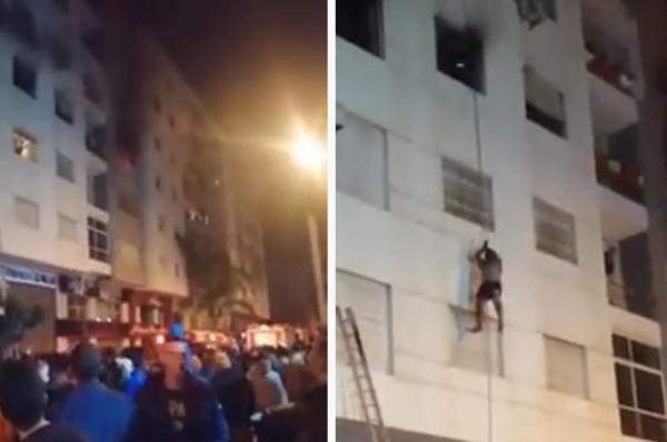 القنيطرة:  أسرة تقفز من الطابق السادس لعمارة على متن حبل بسبب حريق