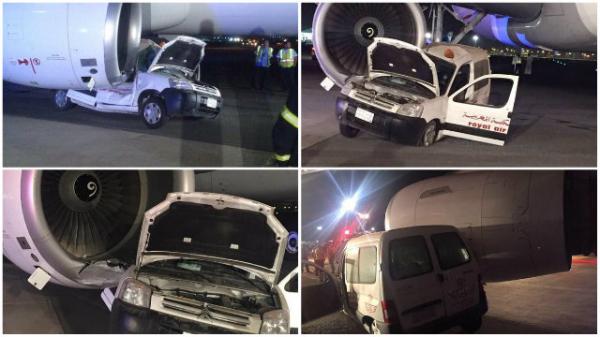 بالصور: اصطدام سيارة تابعة للخطوط الملكية المغربية باحدى طائرات الخطوط السعودية في مطار جدة