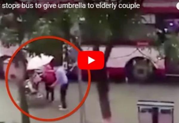 فتاة توقف حافلة لإعطاء زوجين مسنين مظلة أثناء هطول الأمطار (فيديو)