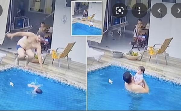 اب ينقذ  طفله الرضيع من الغرق في اللحظة الحاسمة(فيديو)