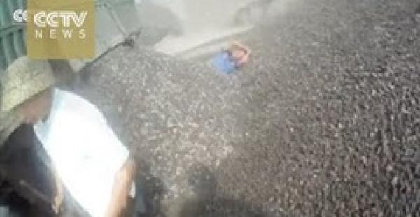 بالفيديو.. سائق شاحنة يفرغ طنا من الزلط والرمال على ضابط تفتيش بالصين