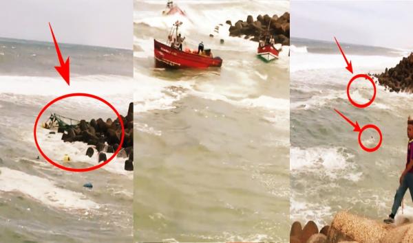 بالفيديو : عمل بطولي لشبان أنقذوا صيادين من موت محقق بعد غرق قاربهم التقليدي