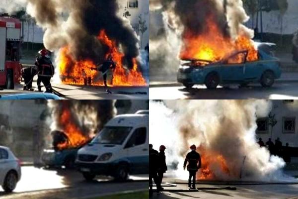 بالصور : النيران تلتهم سيارة أجرة صغيرة بطنجة امام أعين المارة