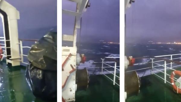 بالفيديو... سائقو النقل الدولي للبضائع يعيشون لحظات مُفزعة بسبب الأمواج العالية والرياح القوية بالبحر قرب ميناء طنجة