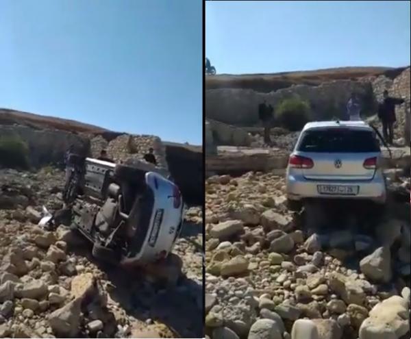 نجاة سائق بأعجوبة من موت محقق في حادث انقلاب سيارة بمنعرج خطير بالجديدة