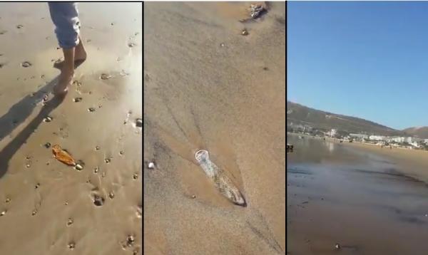 شاطئ أكادير يلفظ مئات العوازل الطبية المستعملة أشكال و ألوان