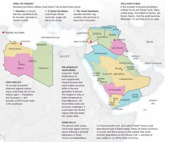 صحيفة نيويورك تايمز تنشر خارطة الشرق الأوسط الجديد:(5 دول تصبح 14)