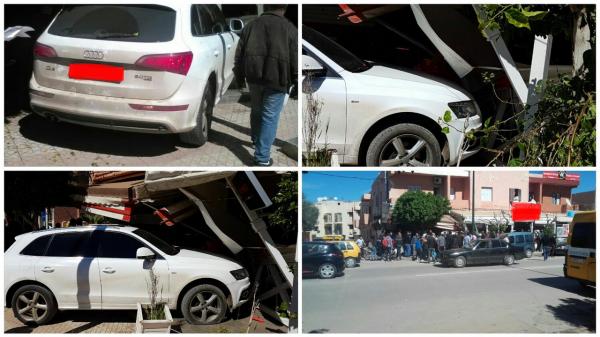 حادثة خطيرة .. سيارة تصعد فوق الرصيف وتصدم مقهى ومحل للجزارة وصلاة الجمعة تجنب كارثة