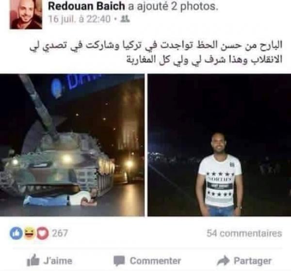 صفحات تركية تتناقل صورة مغربي "ادعى" أنه عرقل تقدم دبابة للانقلابيين وهذا رد المغاربة