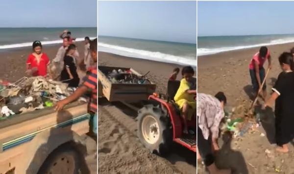 الدريوش :  أسرة صغيرة تجري حملة نظافة واسعة بواسطة "جرار" بشاطئ تمسمان