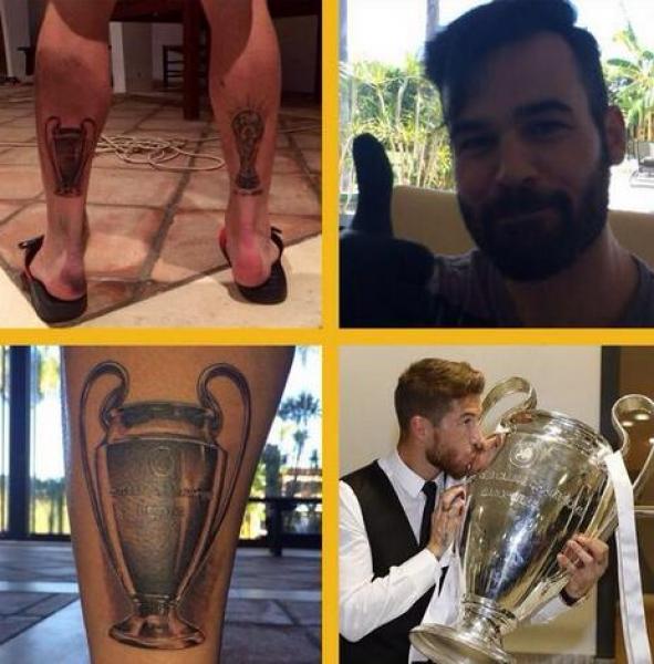 صورة : راموس يفي بوعده و يرسم وشما لدوري الأبطال على ساقه 