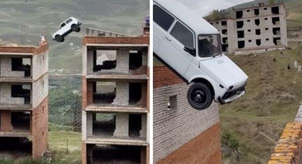 نجا من الموت.. مغامر يفشل بالقفز بسيارة من سطح مبنى لآخر(فيديو)