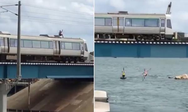 بالفيديو: ينفذ قفزة خطرة من فوق قطار مسرع