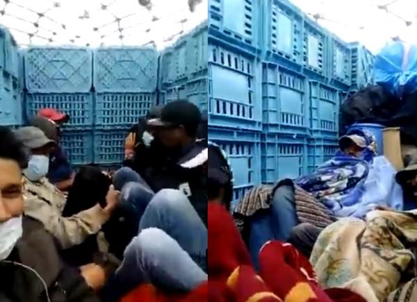 خطير ..شاهد كيف يتم تهريب الاشخاص بين المدن عبر شاحنات السلع