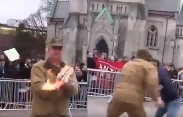 لحظة تدخل الشاب المسلم لمنع حرق المصحف في النرويج