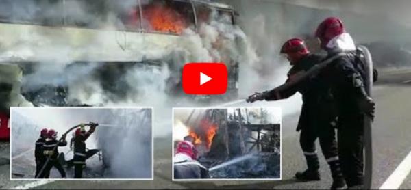 احتراق حافلة بالكامل على الطريق السيار طنجة القصر الصغير