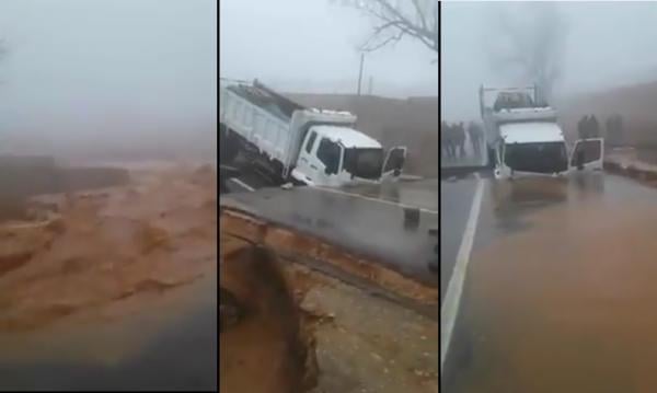 الغش في الطرقات فمدينة الحاجب ...شوفو الفيضانات أش دارت ،حـفرة كبيرة طاح فيها كاميو