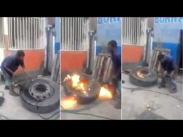 بالفيديو: شاهد ماذا حدث مع رجل أشعل النار بإطار سيارة