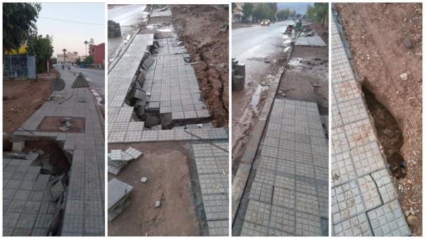 قطرات من الأمطار تفضح أشغال تهيئة الرصيف بطريق رئيسية ونشطاء يسخرون ويطالبون بفتح التحقيق