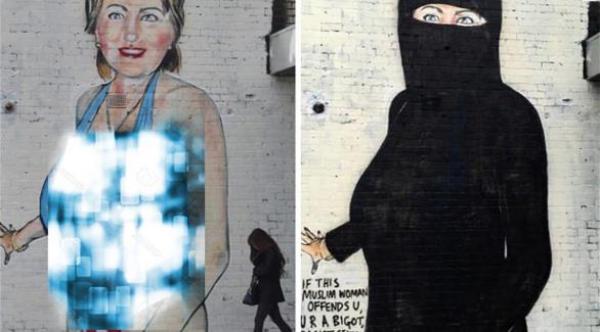 أستراليا تطمس جدارية لكلينتون وهي ترتدي لباس بحر ثم "نقاب"