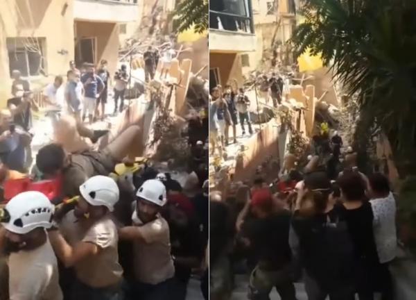 انتشال شاب من تحت أنقاض مبنى تضرر بانفجار مرفأ بيروت وهو على قيد الحياة