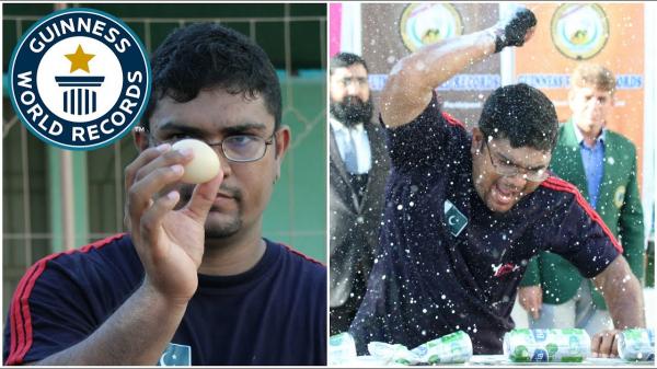 بالفيديو: باكستاني يسحق 29 علبة شراب بيده في 30 ثانية