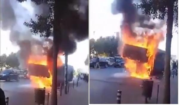 لحظة احتراق حافلة في الدار البيضاء
