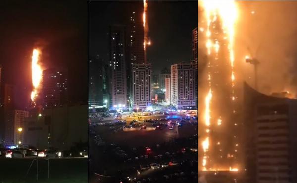 بالفيديو.. حريق هائل يلتهم أحد الأبراج في إمارة الشارقة بدولة الإمارات