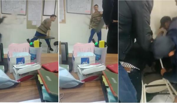 شاب بسلاح أبيض يثير الشغب و الفوضى بمكتب الشرطة.. وتدخل حازم لتوقيفه