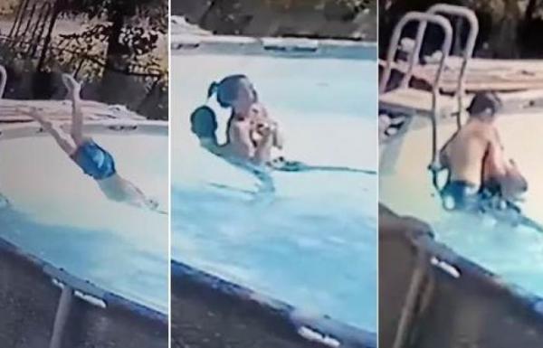 طفل شجاع يقوم بعمل بطولي لإنقاذ والدته من الغرق (فيديو)