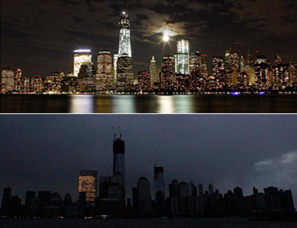 . صورة لنيويورك قبل الإعصار وهي ساطعة الأضواء وصورة أخرى خلال الإعصار 