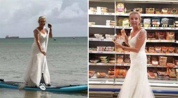 ترتدي فستان زفافها أثناء قيامها بمهامها اليومية المعتادة