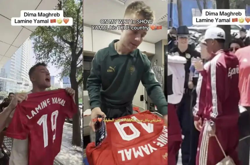 قال له ديما مغرب.. رد فعل غير متوقع من لامين جمال على أمريكي يشجع أسود الأطلس بجنون