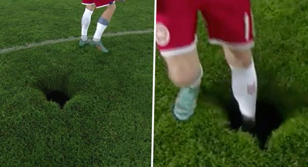 حفرة كبيرة في ملعب مباراة النمسا والدنمارك كادت تنهي حياة أحد اللاعبين (فيديو)