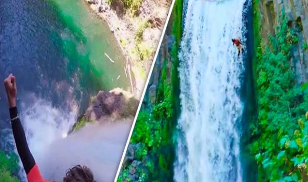 بالفيديو: مغامر يقفز من فوق شلال شاهق الارتفاع