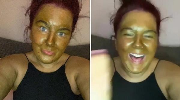تتحول بشرتها إلى اللون الأخضر بعد أن وضعت التان على وجهها