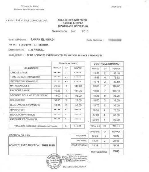 التلميذة سماح المهادي من القنيطرة تحصد أعلى معدل وطني في امتحانات الباكالوريا 2013