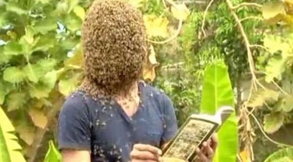 بالفيديو: شاب هندي يقرأ كتاباً ووجهه مغطى بـ 60 ألف نحلة