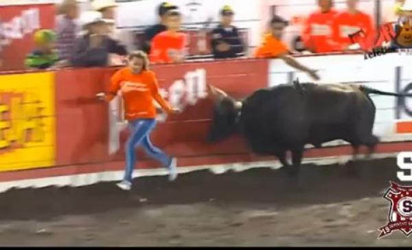 بالفيديو: فتاة تنجو من نطحة ثور هائج