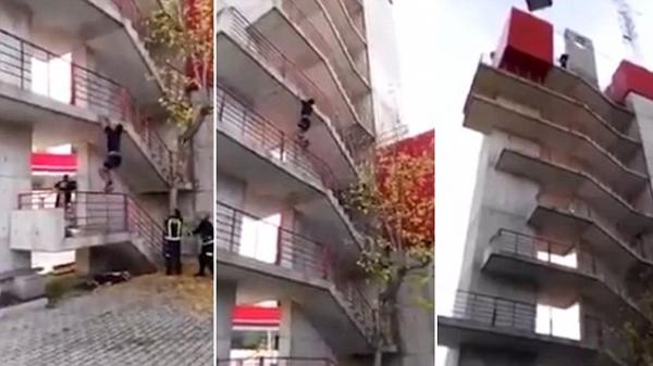 بالفيديو: رجل إطفاء يتسلق 9 طوابق في 30 ثانية