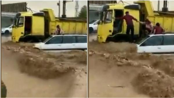 سائق شاحنة ينقذ عائلة من الغرق في فيضانات كبيرة تشهدها العراق(فيديو)