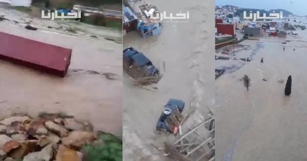 فيضانات بمنطقة القصر الصغير والسيول تجرف سيارات وحيوانات وحاويات تجارية