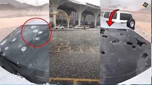 شاهد كيف تسبب البرد في تكسير زجاج السيارات في المدينة المنورة بالسعودية