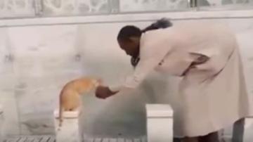 رجل يسقي قطه بيده في بيت الله الحرام