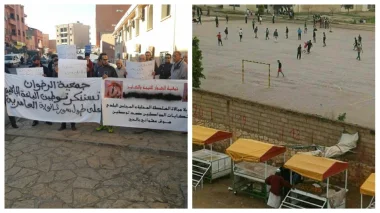 الساكنة وفعاليات جمعوية تحتج ضد المجلس الجماعي لبني ملال و ترفع شعار:" واك واك على شوهة المدرسة والبراكة"