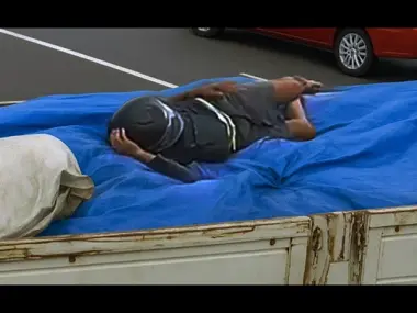 بالفيديو..سائق دراجة نارية يسقط داخل صندوق شاحنة في حادث غريب