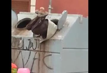 قلة أدب : مراهق يَدْفع عجوزا يبحث في حاوية القمامة