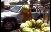 بالفيديو: هذا الشاب يحمل أكثر من بطيخة بيد واحدة