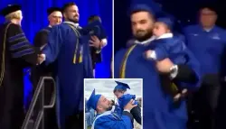 خريج لبناني يتحدى تعليمات جامعة أمريكية ويصعد على منصة التخرج حاملاً طفله